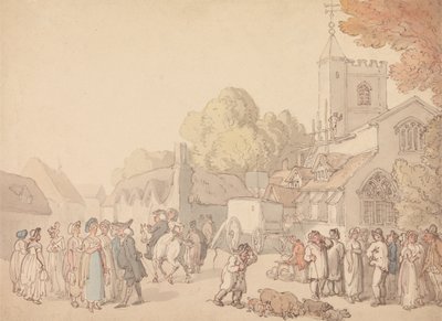 Een dorpsscène buiten een kerk door Thomas Rowlandson